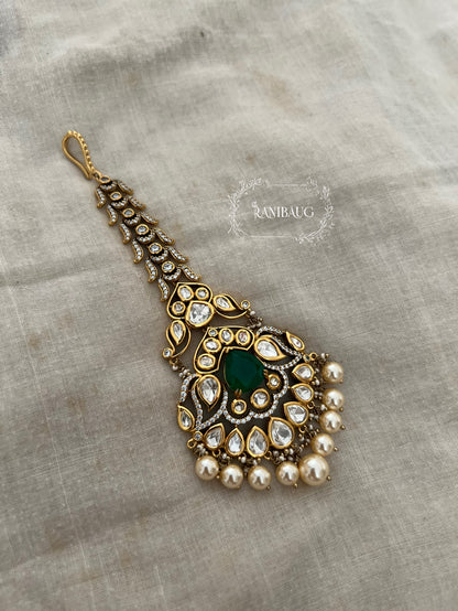 Nidhi Big Gold Plated Polki Kundan Studded Maang Tikka Jewellery For Bride By Ranibaug