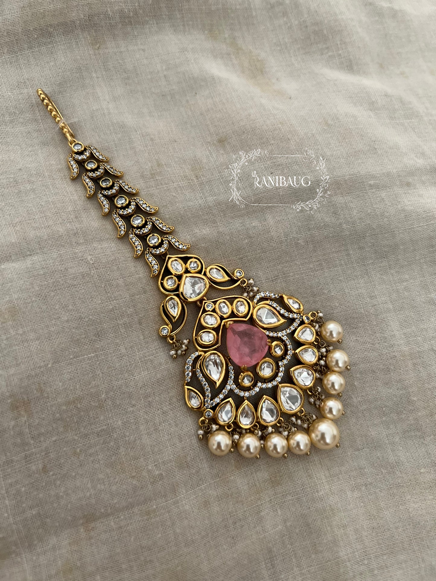 Nidhi Big Gold Plated Polki Kundan Studded Maang Tikka Jewellery For Bride By Ranibaug