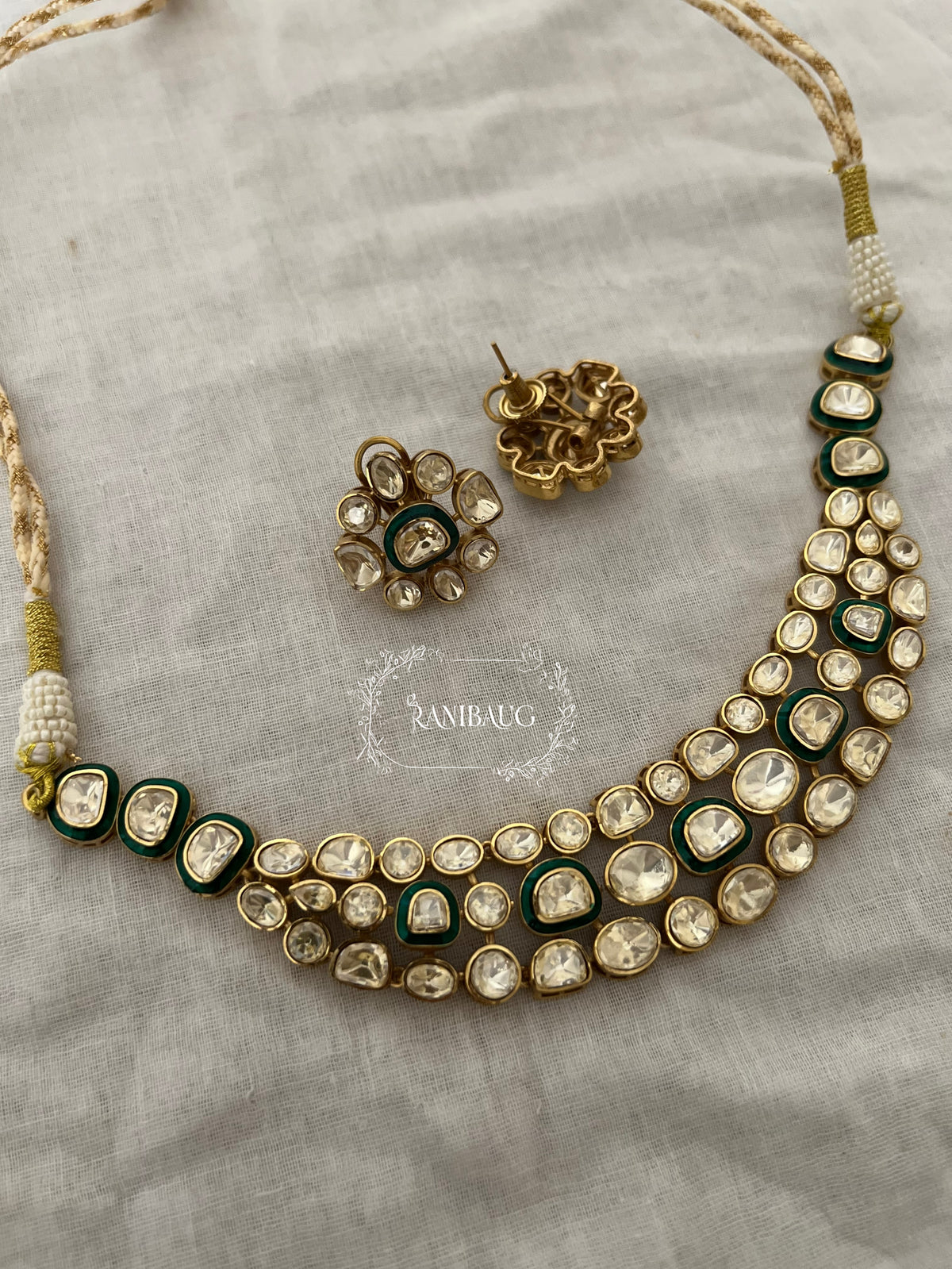 Nidhi Multi Layered Mossainite Polki Gold Finish Royal Necklace Set By Ranibaug