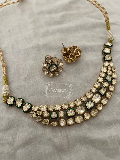 Nidhi Multi Layered Mossainite Polki Gold Finish Royal Necklace Set By Ranibaug