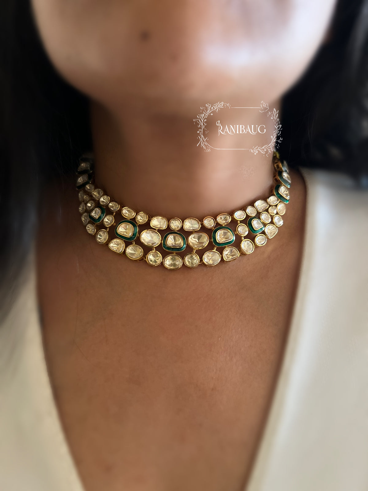 Nidhi Multi Layered Mossainite Polki Gold Finish Royal Necklace Set By Ranibaug