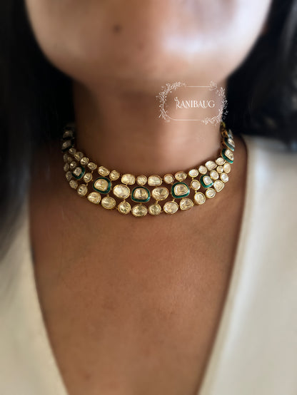Nidhi Multi Layered Mossainite Polki Gold Finish Royal Necklace Set By Ranibaug