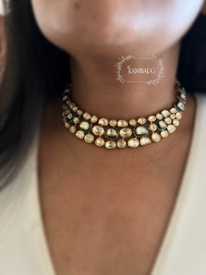 Nidhi Multi Layered Mossainite Polki Gold Finish Royal Necklace Set By Ranibaug