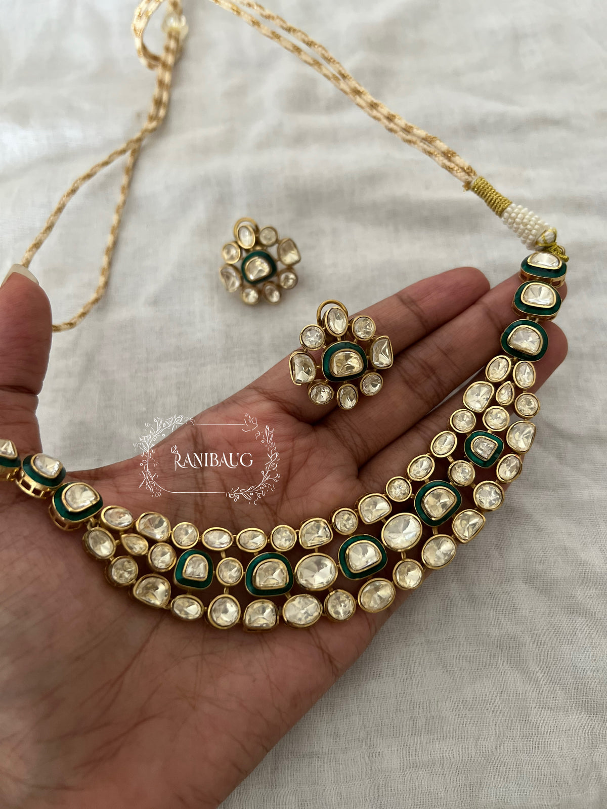 Nidhi Multi Layered Mossainite Polki Gold Finish Royal Necklace Set By Ranibaug