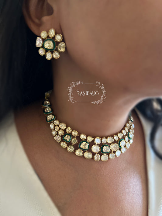 Nidhi Multi Layered Mossainite Polki Gold Finish Royal Necklace Set By Ranibaug