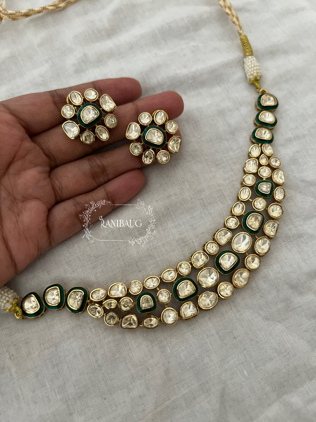 Nidhi Multi Layered Mossainite Polki Gold Finish Royal Necklace Set By Ranibaug