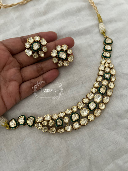 Nidhi Multi Layered Mossainite Polki Gold Finish Royal Necklace Set By Ranibaug
