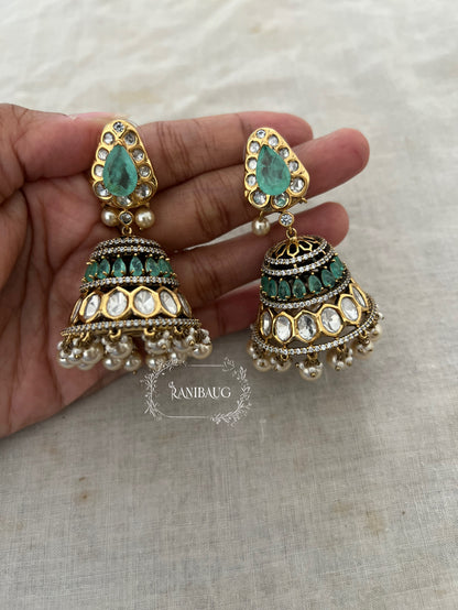 Niharika Premium Gold Finish Polki And Color Stones With Dangling Pearl Jhumka Earrings Forfestive Occassions By Ranibaug