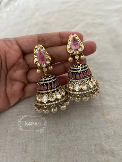 Niharika Premium Gold Finish Polki And Color Stones With Dangling Pearl Jhumka Earrings Forfestive Occassions By Ranibaug