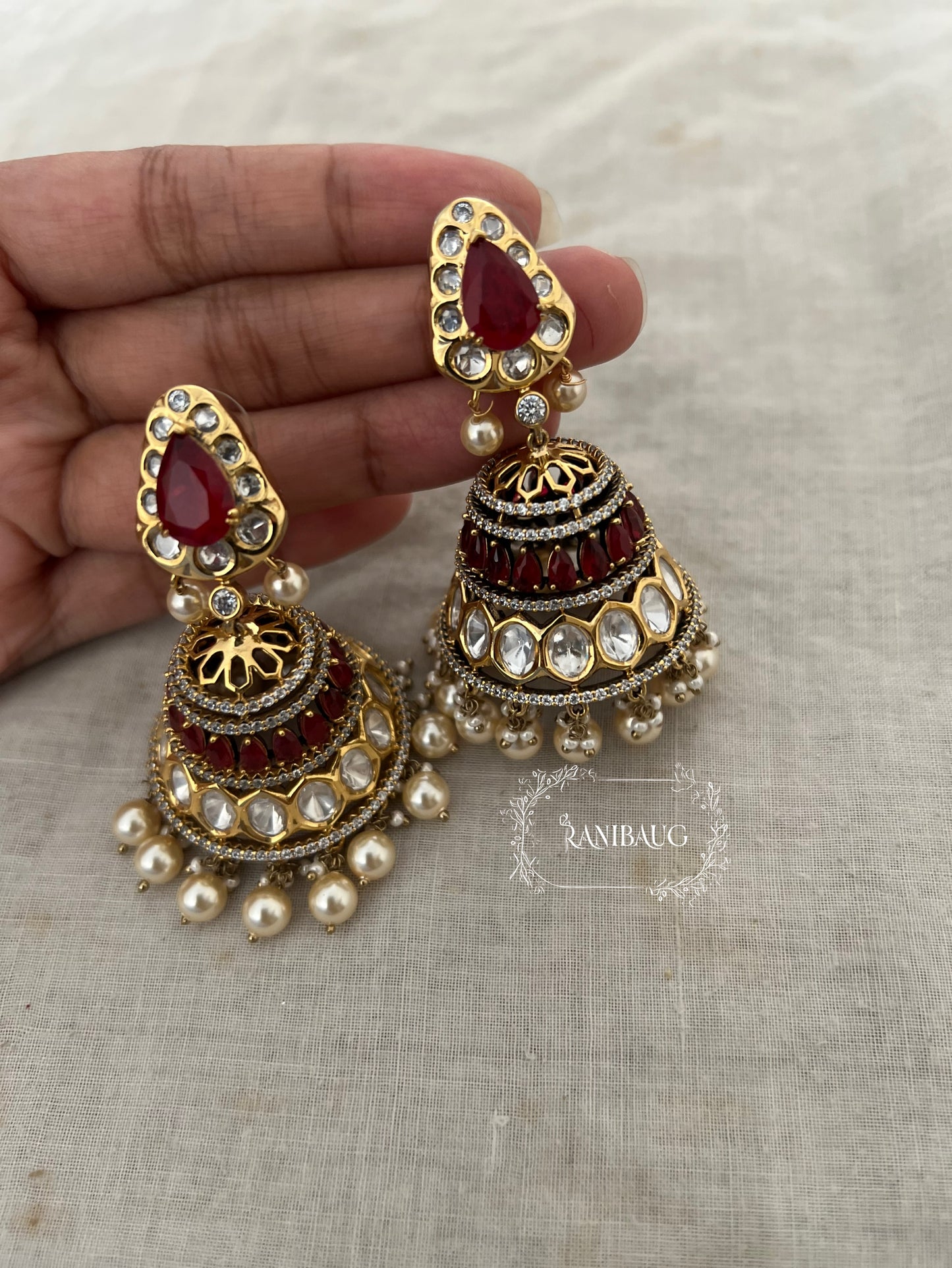 Niharika Premium Gold Finish Polki And Color Stones With Dangling Pearl Jhumka Earrings Forfestive Occassions By Ranibaug