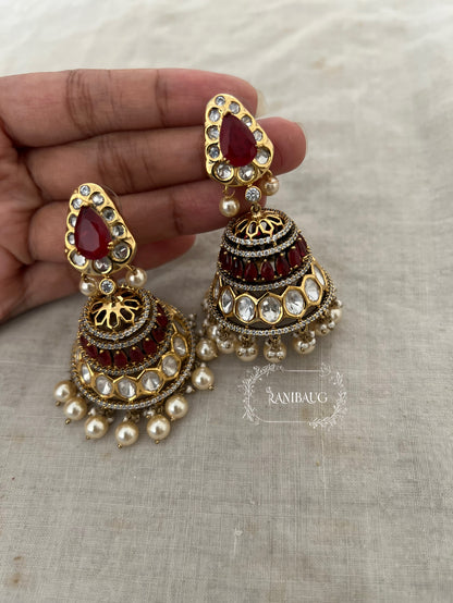 Niharika Premium Gold Finish Polki And Color Stones With Dangling Pearl Jhumka Earrings Forfestive Occassions By Ranibaug