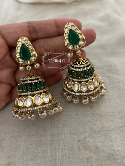 Niharika Premium Gold Finish Polki And Color Stones With Dangling Pearl Jhumka Earrings Forfestive Occassions By Ranibaug