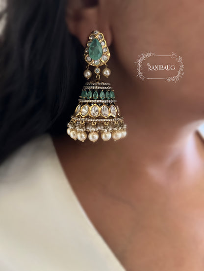 Niharika Premium Gold Finish Polki And Color Stones With Dangling Pearl Jhumka Earrings Forfestive Occassions By Ranibaug