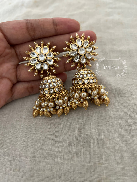 Nikhar Floral Sunburst Antique Gold Kundan Pearl And Bead Fringe Jhumkas By Ranibaug