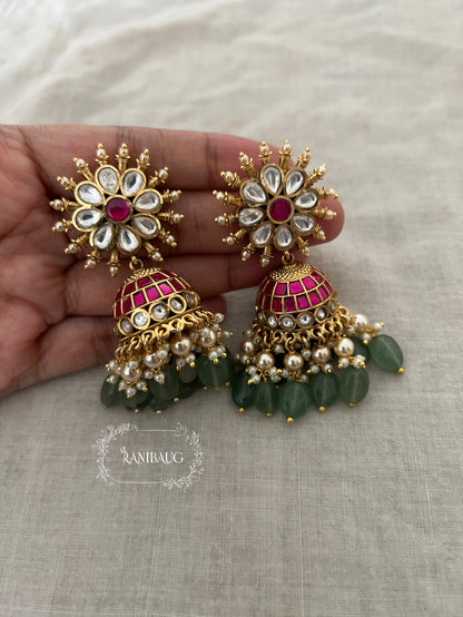 Nikhar Floral Sunburst Antique Gold Kundan Pearl And Bead Fringe Jhumkas By Ranibaug