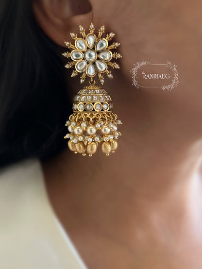 Nikhar Floral Sunburst Antique Gold Kundan Pearl And Bead Fringe Jhumkas By Ranibaug