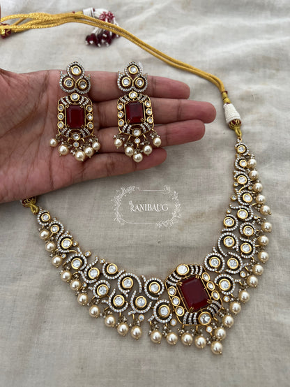 Nilakshi Gold Finish Rich Pearl Adorned Polki Studded Royal Statement Necklace Set By Ranibaug