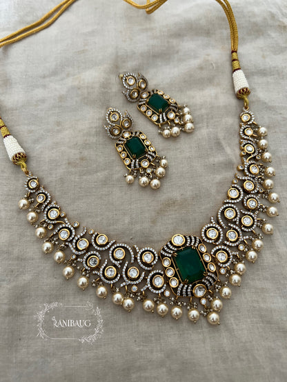 Nilakshi Gold Finish Rich Pearl Adorned Polki Studded Royal Statement Necklace Set By Ranibaug