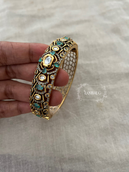 Nimani Aqua Mint Polki Gold Finish Geometric Designer Cuff Bracelet Jewelry By Ranibaug