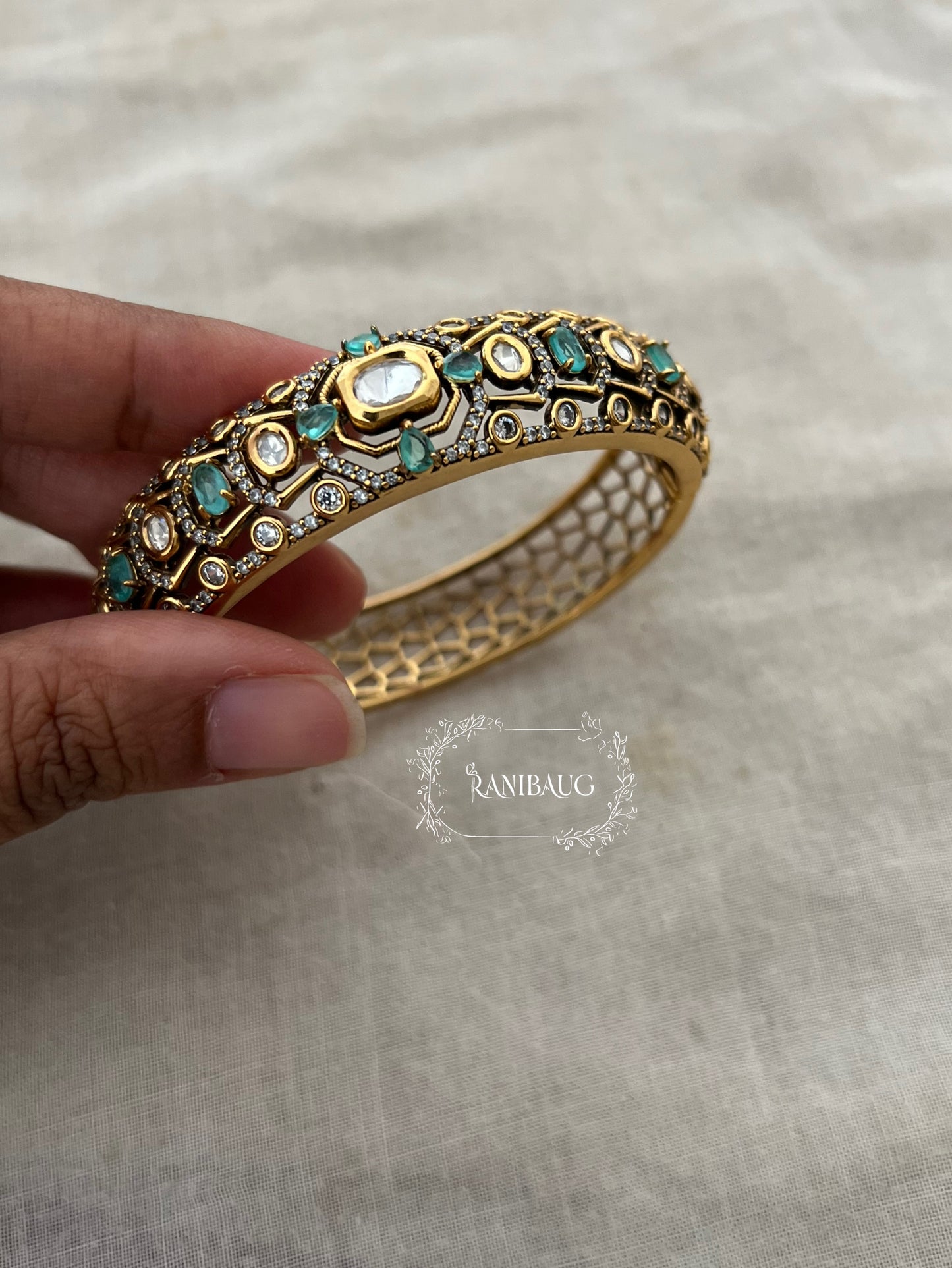 Nimani Aqua Mint Polki Gold Finish Geometric Designer Cuff Bracelet Jewelry By Ranibaug