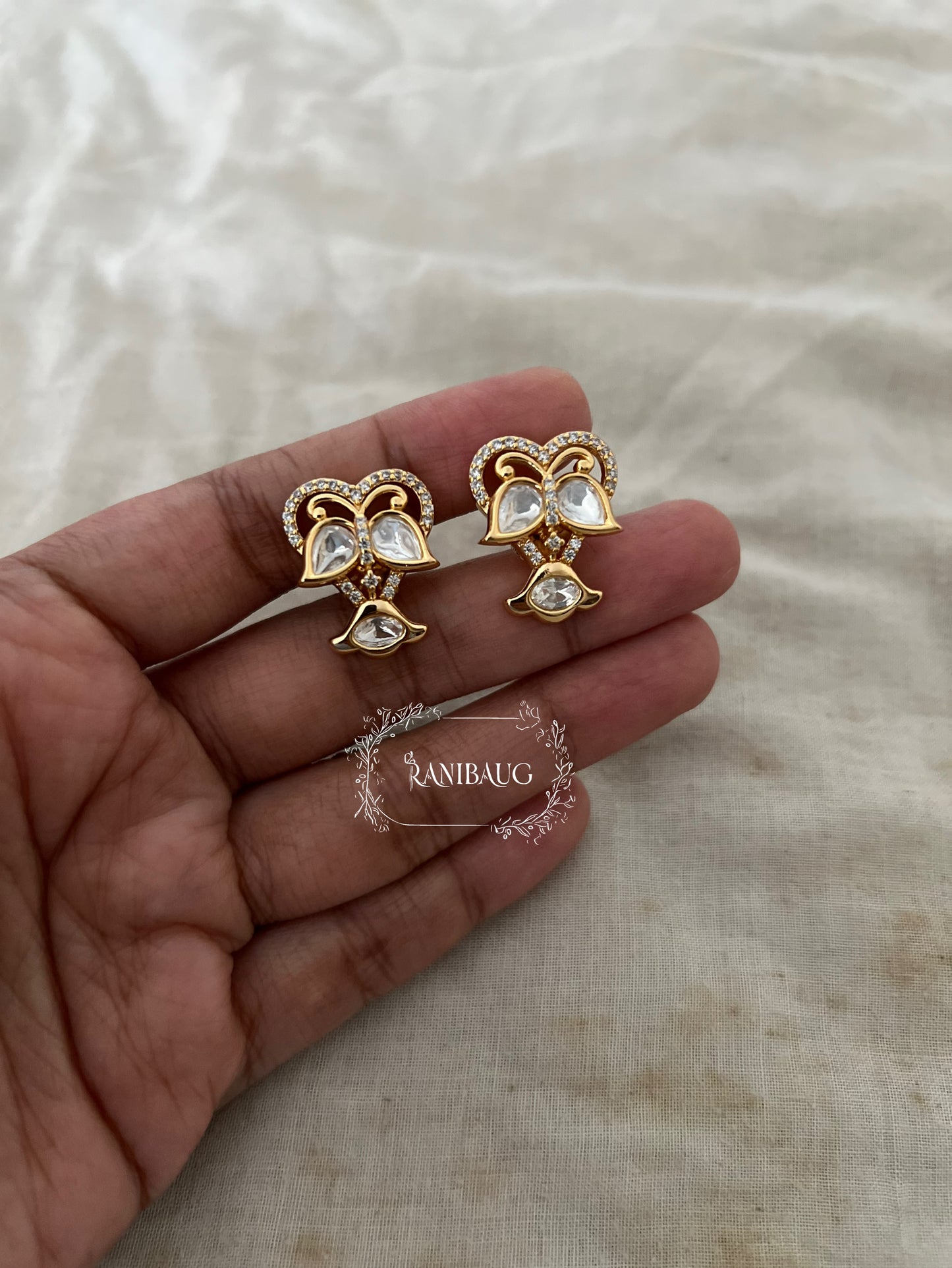 Nirali Minimal Gold Finish Classic Designer Butterfly Heart Polki Ear Studs By Ranibaug