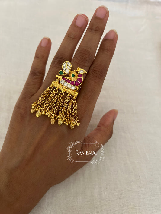 Niranjana Bird Motif Gold Fringes Unique Designer Heritage Ring Jewelry By Ranibaug