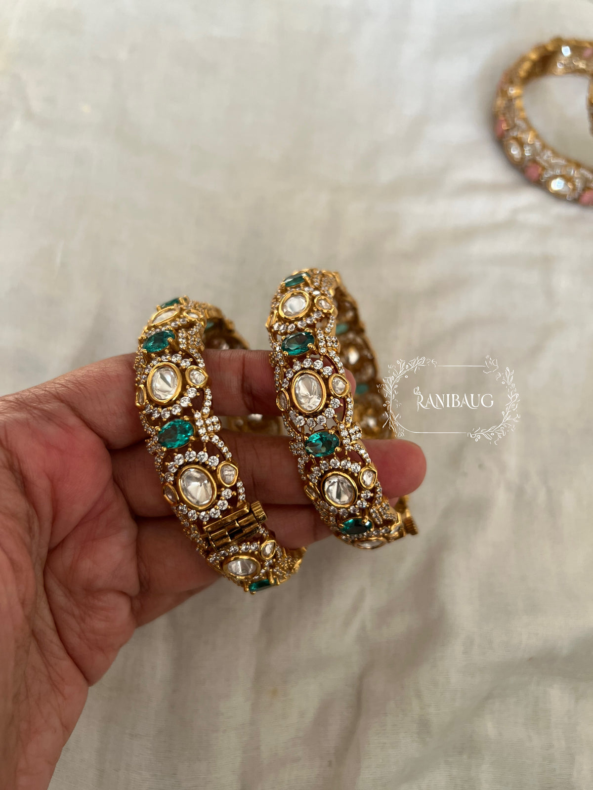 Niranjana Polki Rich Gold Finish Pastel Stones Statement Festive Bangles By Ranibaug