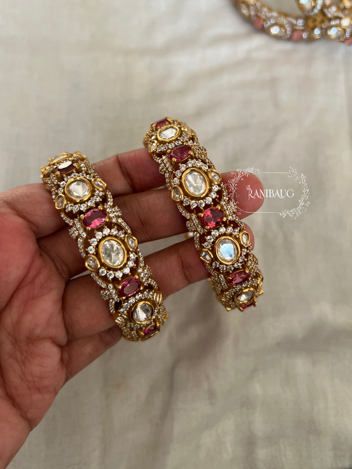 Niranjana Polki Rich Gold Finish Pastel Stones Statement Festive Bangles By Ranibaug