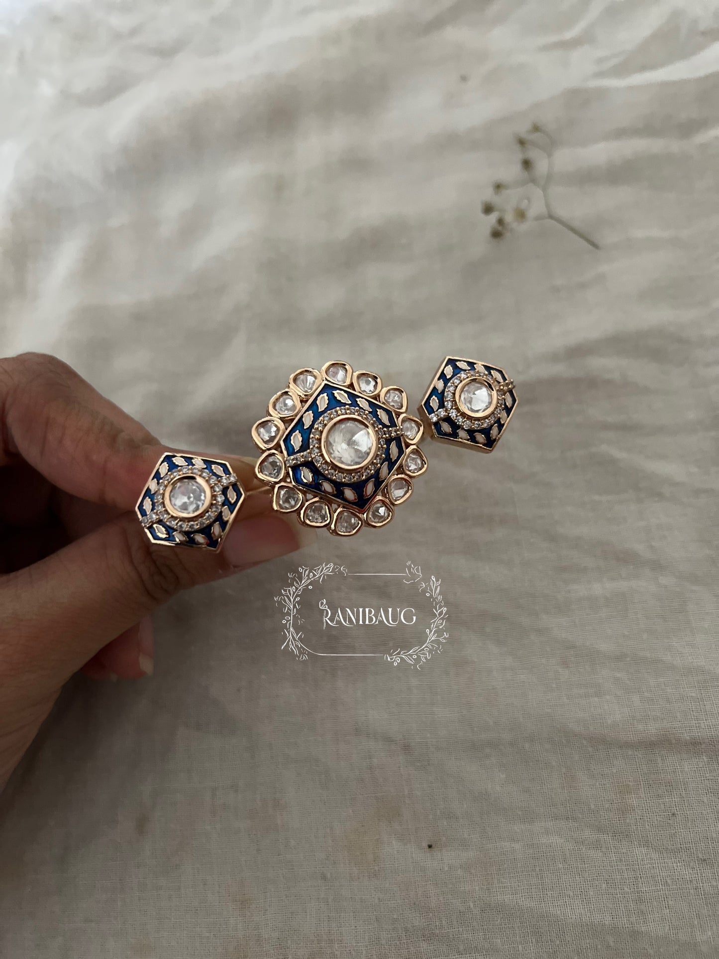 Nisha 2 Finger Ring In Rich Gold Tone With Polki Kundan For Wedding By Ranibaug