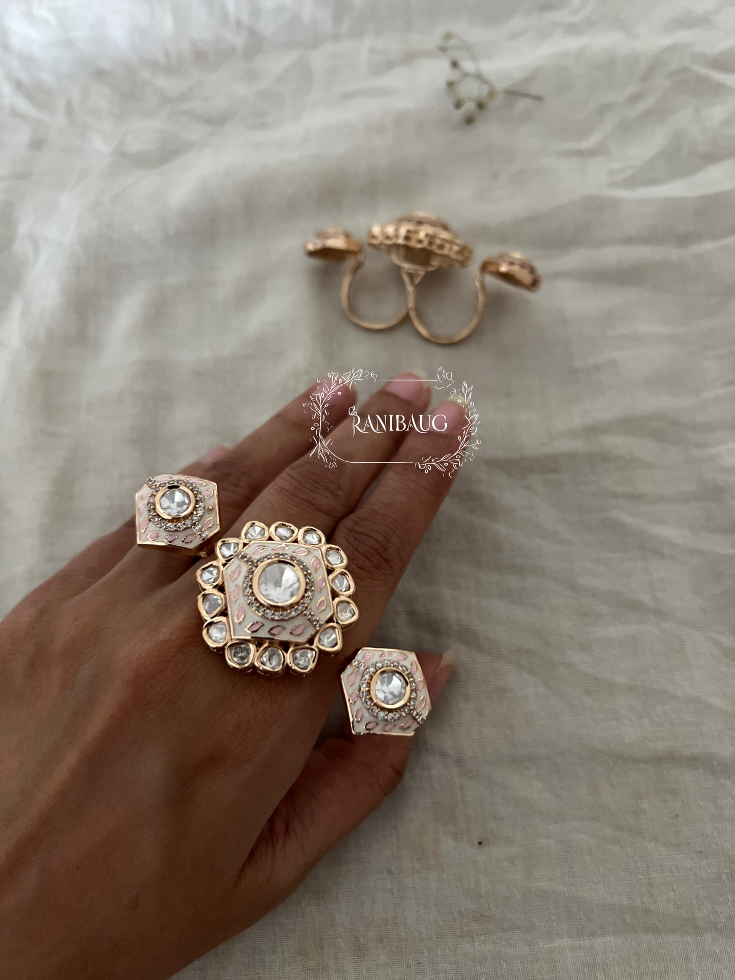 Nisha 2 Finger Ring In Rich Gold Tone With Polki Kundan For Wedding By Ranibaug