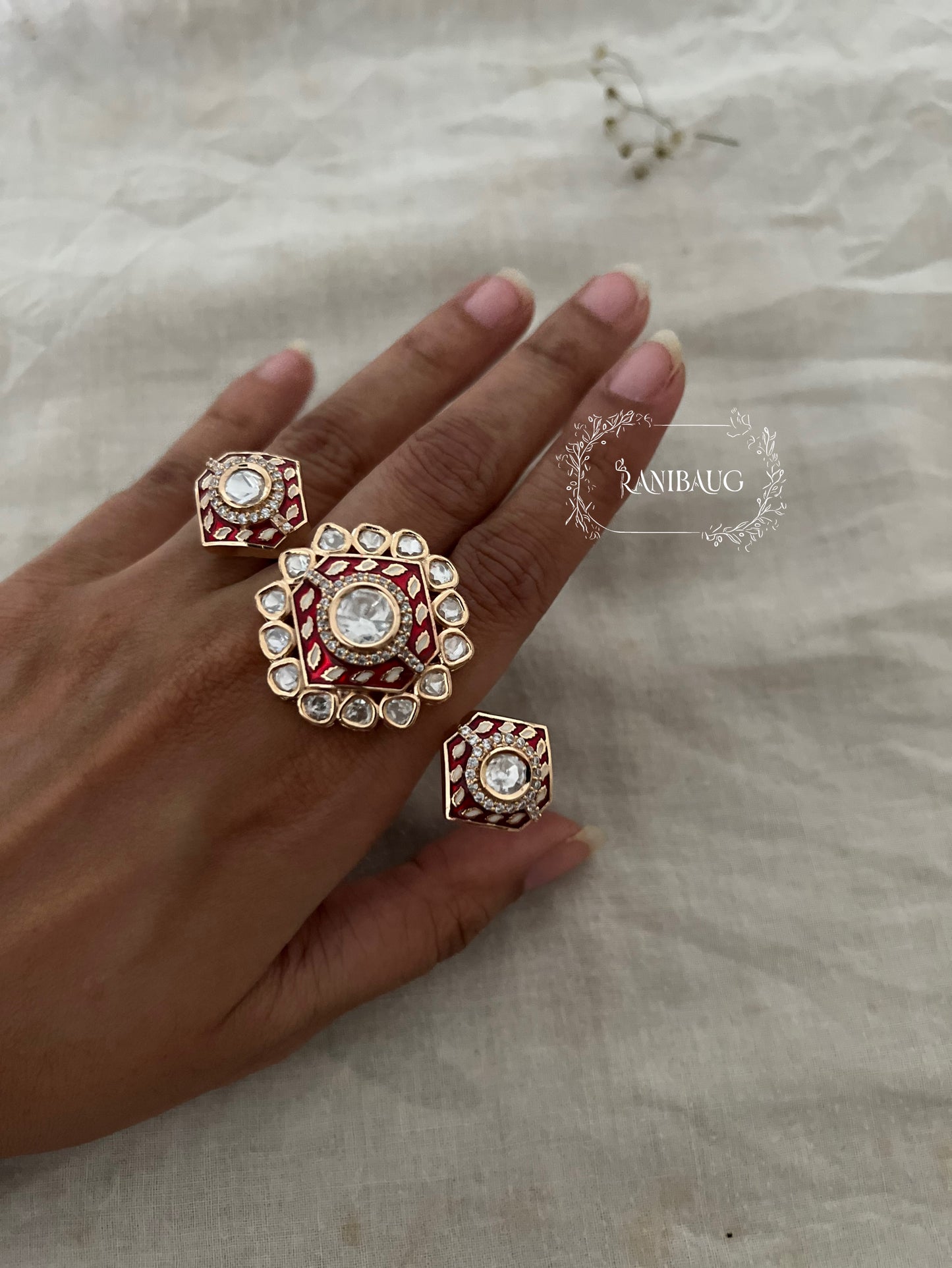Nisha 2 Finger Ring In Rich Gold Tone With Polki Kundan For Wedding By Ranibaug