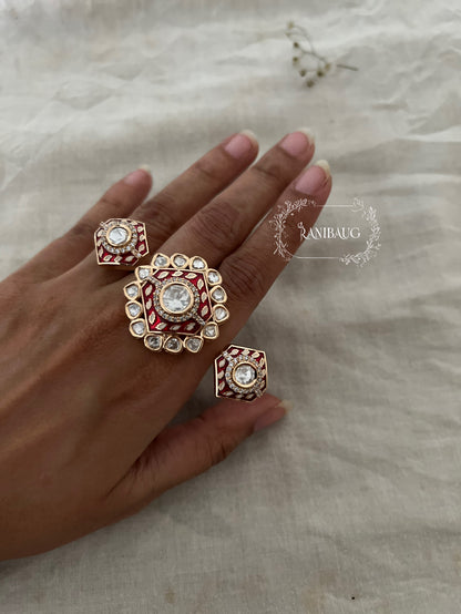 Nisha 2 Finger Ring In Rich Gold Tone With Polki Kundan For Wedding By Ranibaug