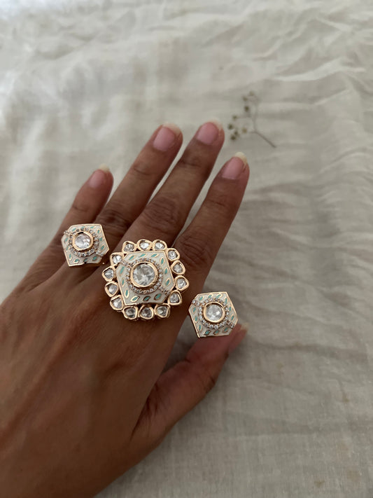 Nisha 2 Finger Ring In Rich Gold Tone With Polki Kundan For Wedding By Ranibaug