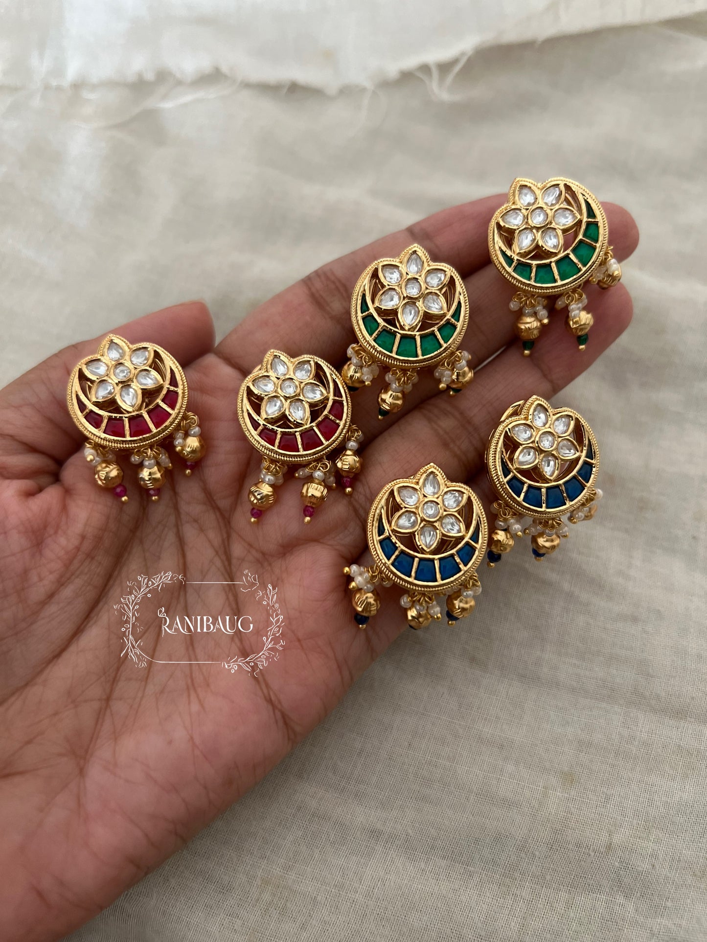 Nisha Heritage Floral Kundan Moon Crescent Ear Studs With Golden Pearl Drops