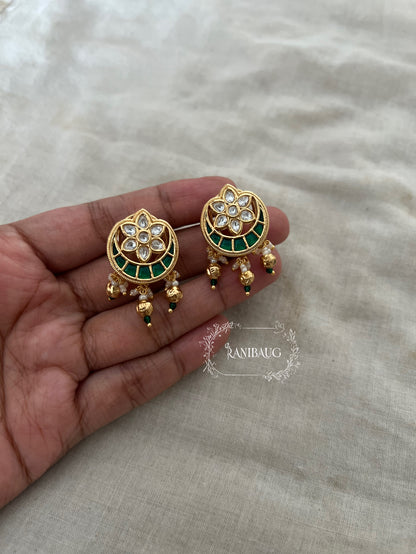 Nisha Heritage Floral Kundan Moon Crescent Ear Studs With Golden Pearl Drops