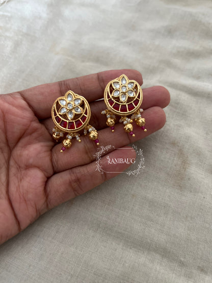 Nisha Heritage Floral Kundan Moon Crescent Ear Studs With Golden Pearl Drops