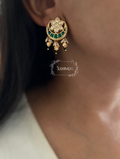 Nisha Heritage Floral Kundan Moon Crescent Ear Studs With Golden Pearl Drops