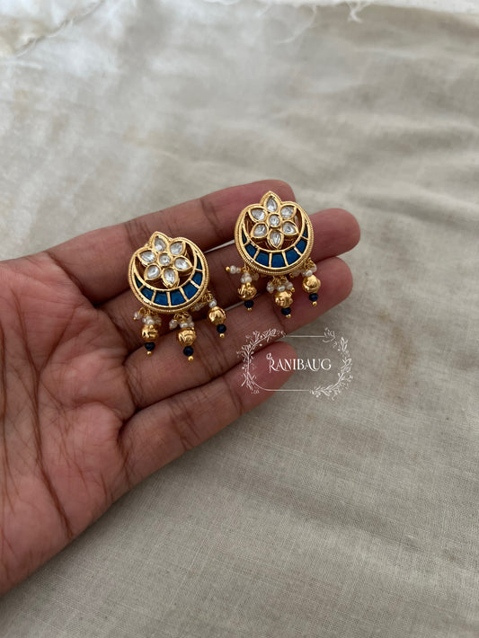 Nisha Heritage Floral Kundan Moon Crescent Ear Studs With Golden Pearl Drops