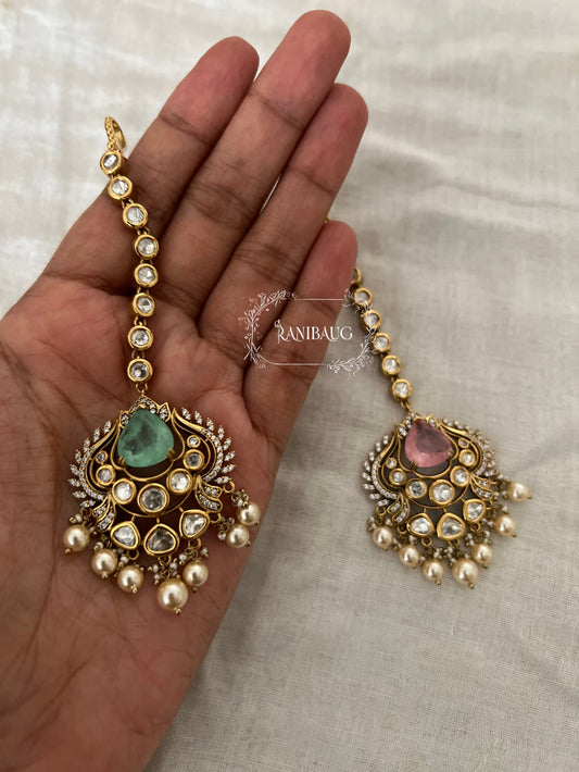 Nisha Polki Kundan Pearl Adorned Designer Maang Tikka By Ranibaug