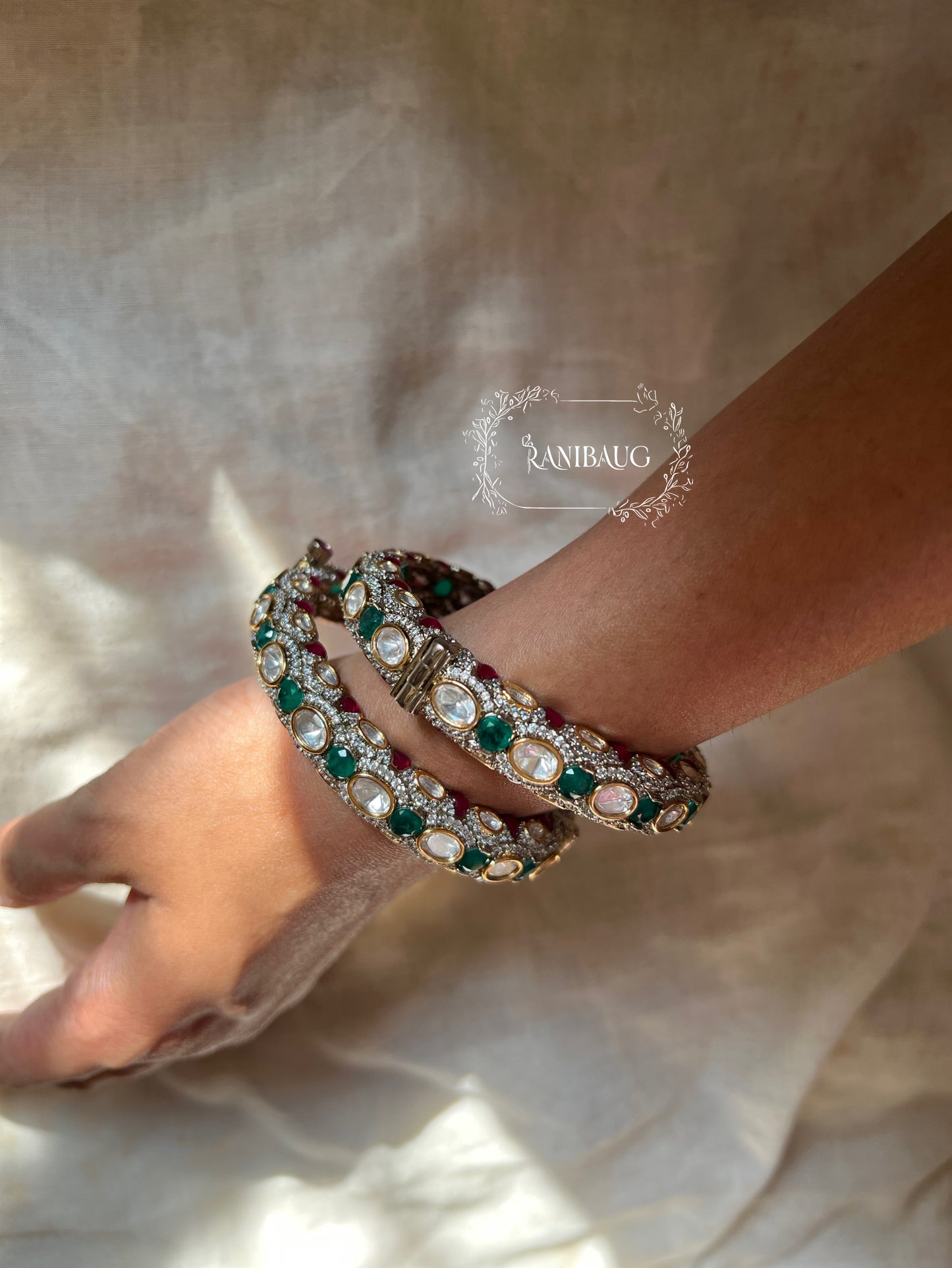 Nisha Polki Kundan Studded Victorian Finish Kangan Bangles In Emerald Ruby Toned By Ranibaug