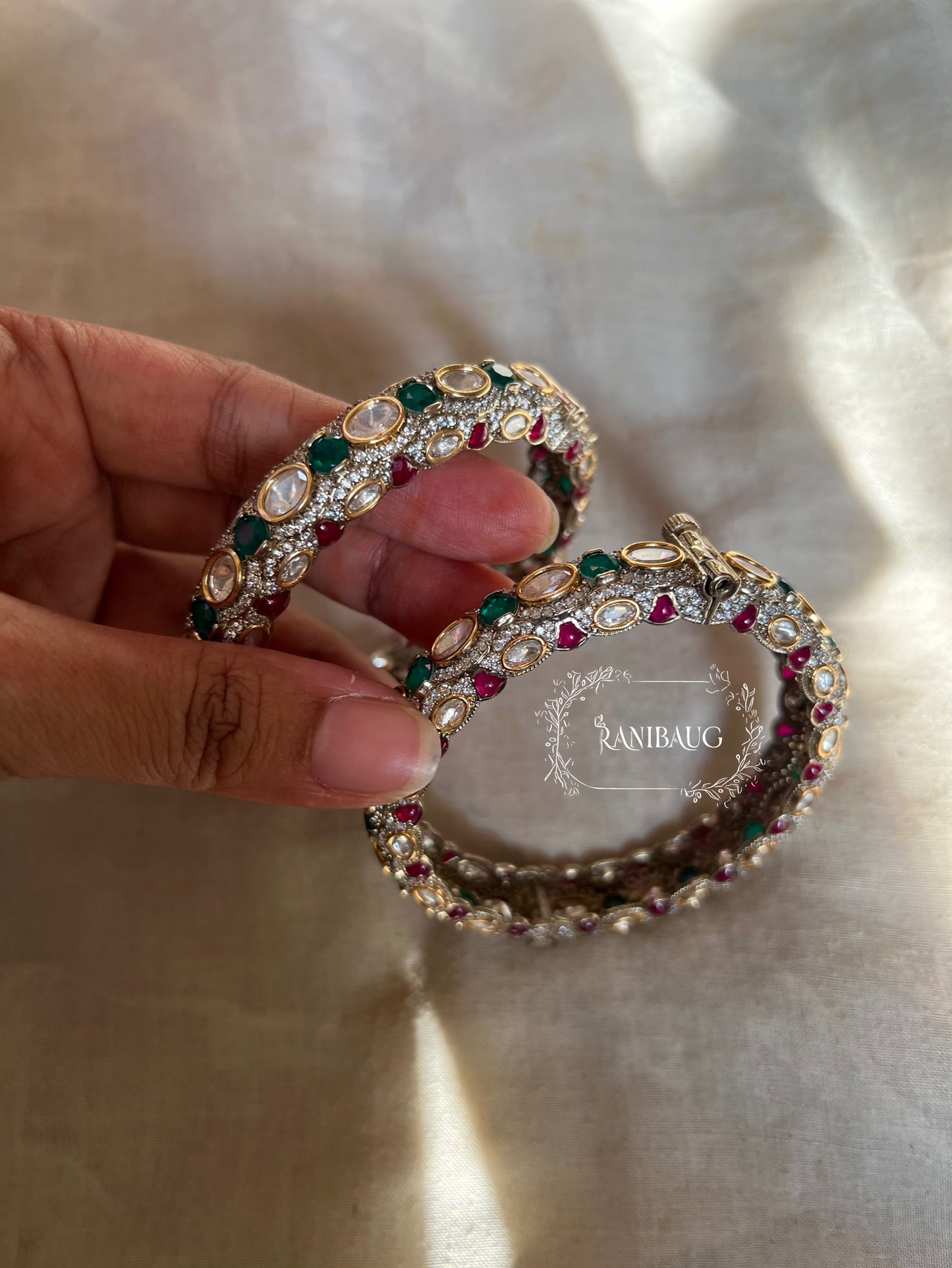 Nisha Polki Kundan Studded Victorian Finish Kangan Bangles In Emerald Ruby Toned By Ranibaug