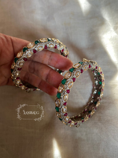 Nisha Polki Kundan Studded Victorian Finish Kangan Bangles In Emerald Ruby Toned By Ranibaug