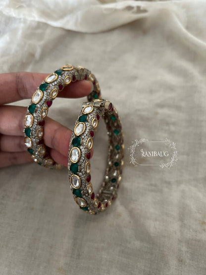 Nisha Polki Kundan Studded Victorian Finish Kangan Bangles In Emerald Ruby Toned By Ranibaug