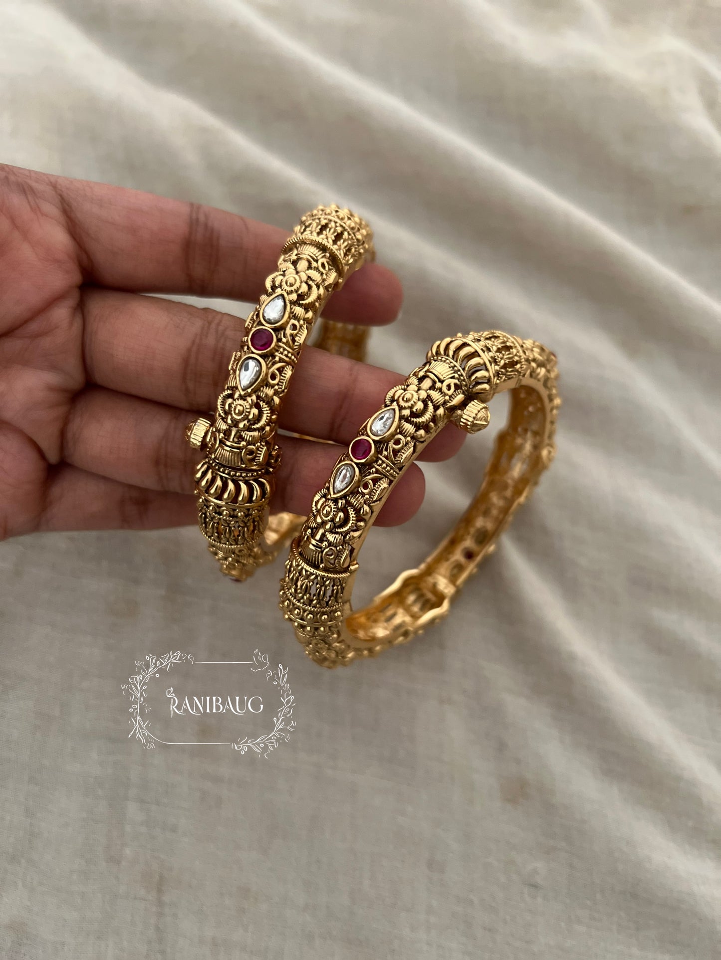 Nishi Ranibaug Heritage Polki Sculpted Gold Bangles