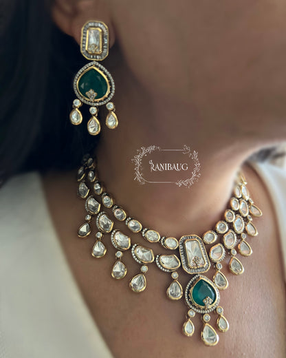 Nishi Royal Polki Kundan Studded Gold Finish Layered Necklace Set With Earrings By Ranibaug