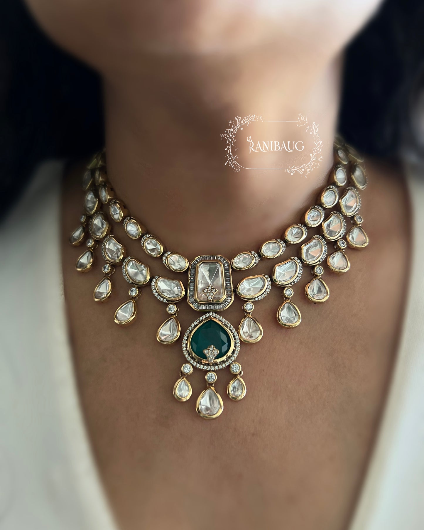Nishi Royal Polki Kundan Studded Gold Finish Layered Necklace Set With Earrings By Ranibaug