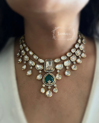 Nishi Royal Polki Kundan Studded Gold Finish Layered Necklace Set With Earrings By Ranibaug