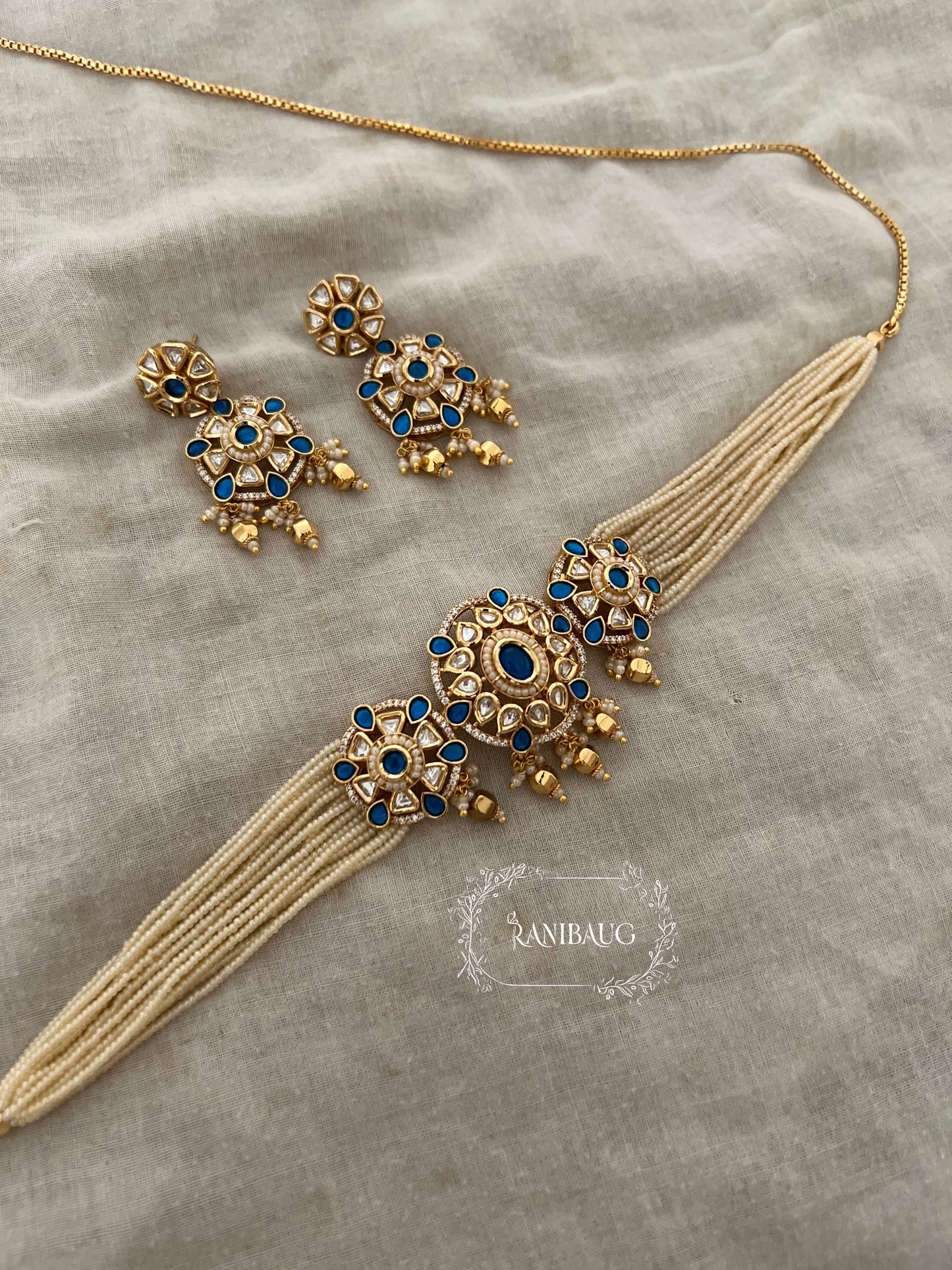 Nishika Pearl Strand Gold Traditional Indian Choker Set For Wedding By Ranibaug