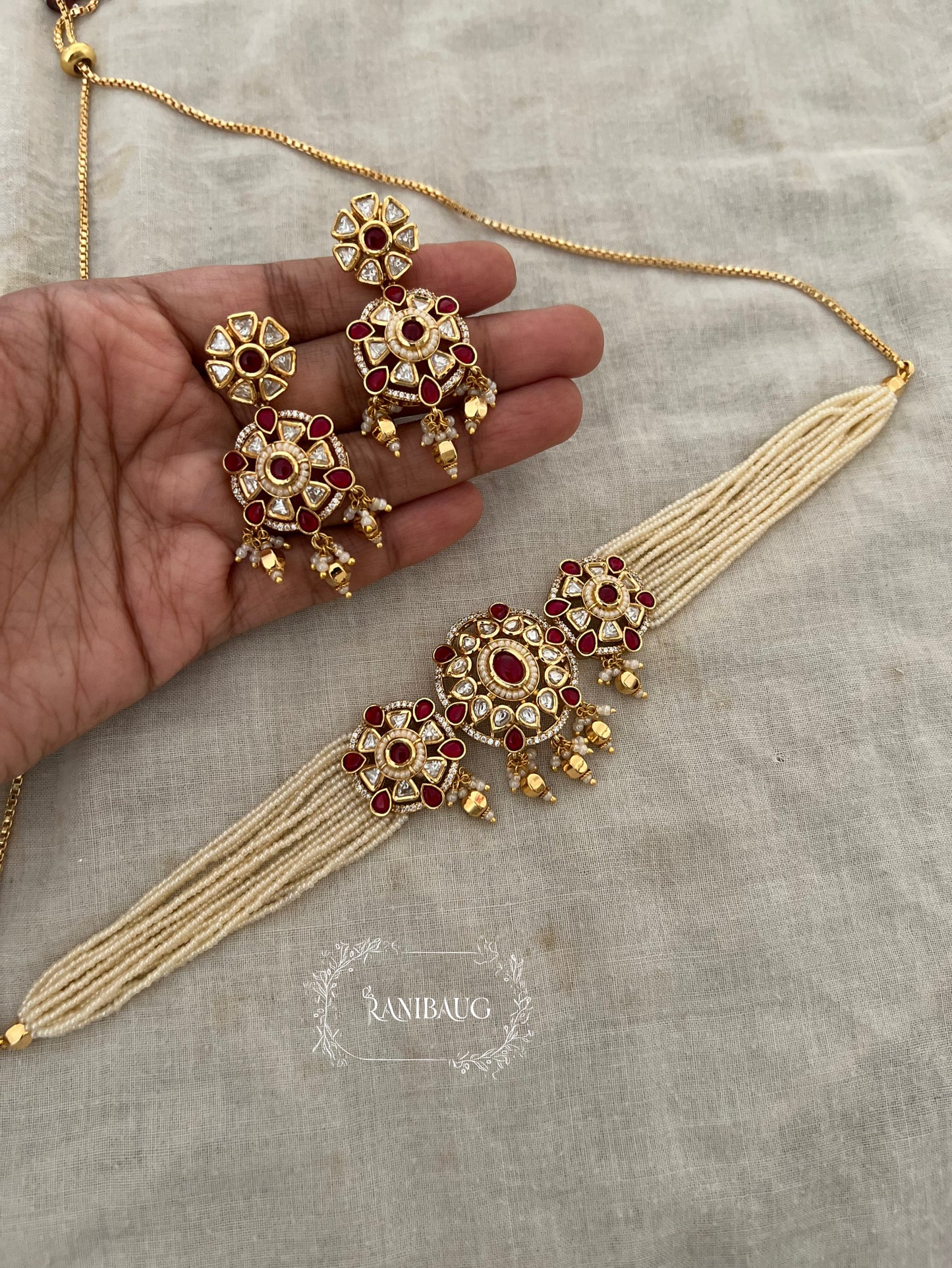 Nishika Pearl Strand Gold Traditional Indian Choker Set For Wedding By Ranibaug