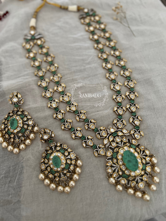 Nishita Double Layer Victorian Finish Mossainite Necklace With Gemstones And Creamy Pearls By Ranibaug | Festival Jewelry 2025